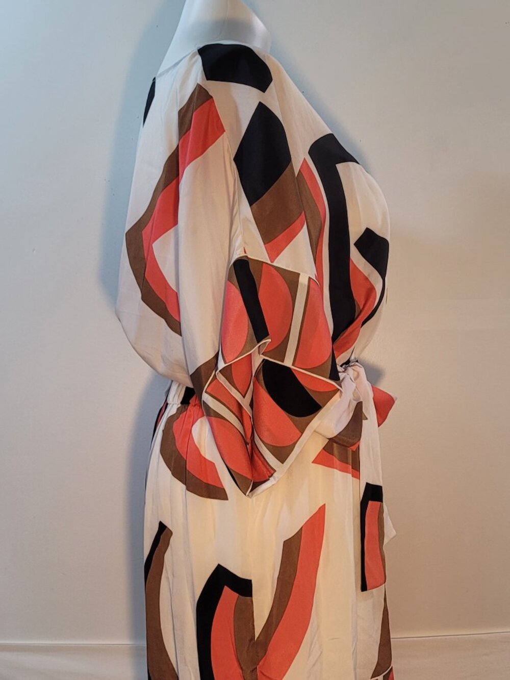 New York & Company Abstract Geometric Print Dress XL Cream Coral Black Brown Tie - Picture 5 of 10